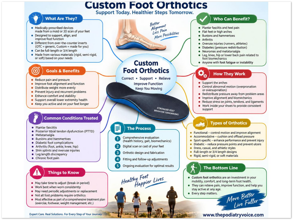 Custom Foot Orthotics patient education infographic poster, full design view