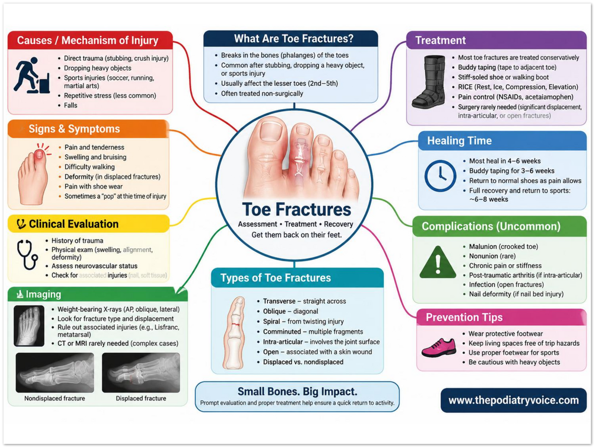 Toe Fracture educational poster covering symptoms, treatment, and prevention