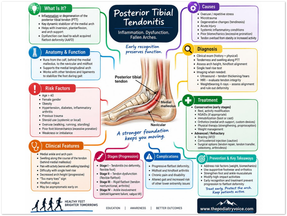 Posterior Tibial Tendonitis poster anatomical illustration detail for podiatry clinics