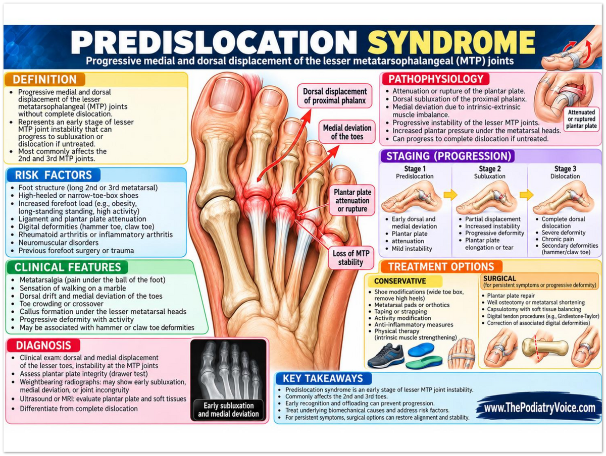 Predislocation Syndrome educational poster covering symptoms, treatment, and prevention