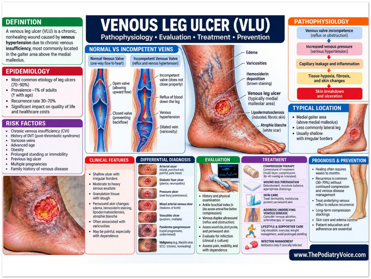 Venous Leg Ulcer educational poster covering symptoms, treatment, and prevention