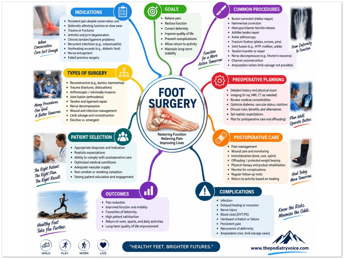 Foot Surgery educational poster covering symptoms, treatment, and prevention