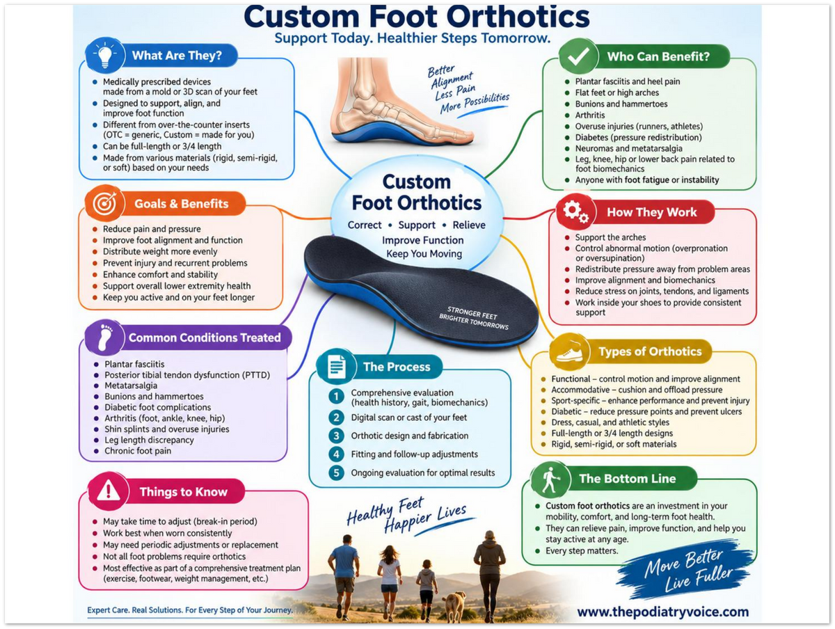 Custom Foot Orthotics poster anatomical illustration detail for podiatry clinics