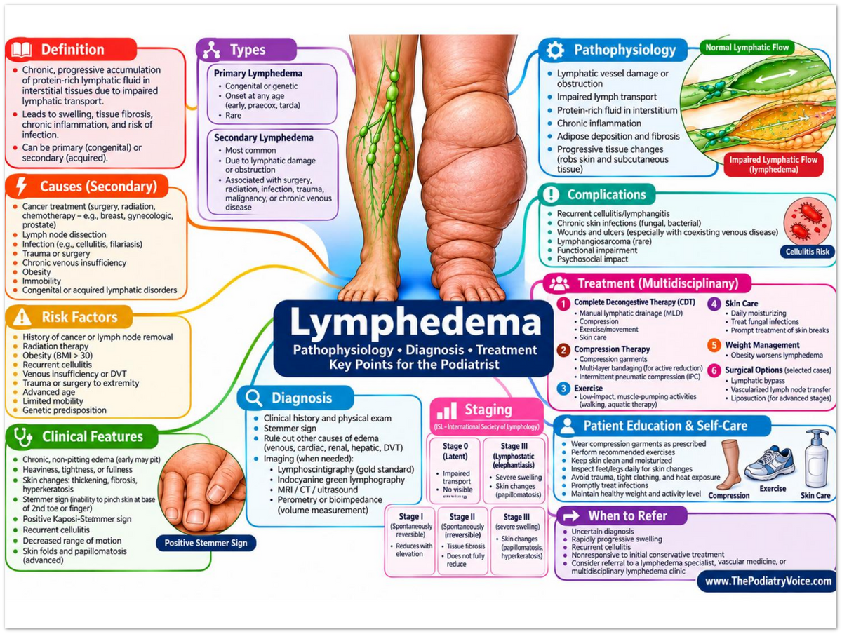 Lymphedema educational poster covering symptoms, treatment, and prevention