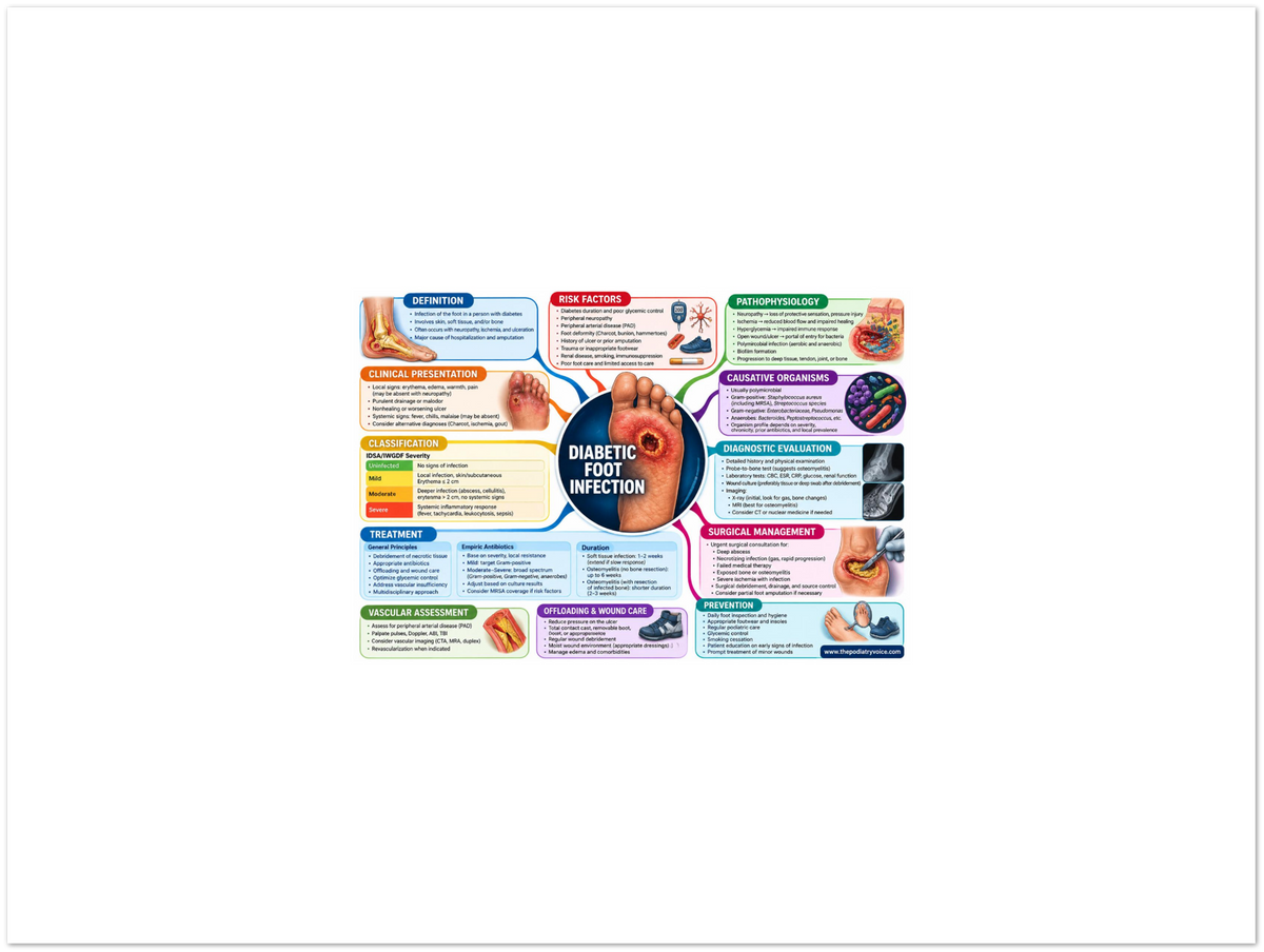 Diabetic Foot Infection educational poster covering symptoms, treatment, and prevention