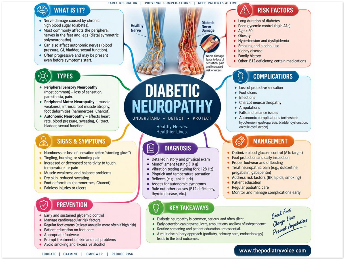 Diabetic Neuropathy educational poster covering symptoms, treatment, and prevention