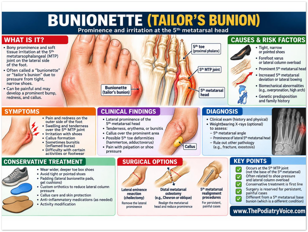 Bunionette educational poster covering symptoms, treatment, and prevention