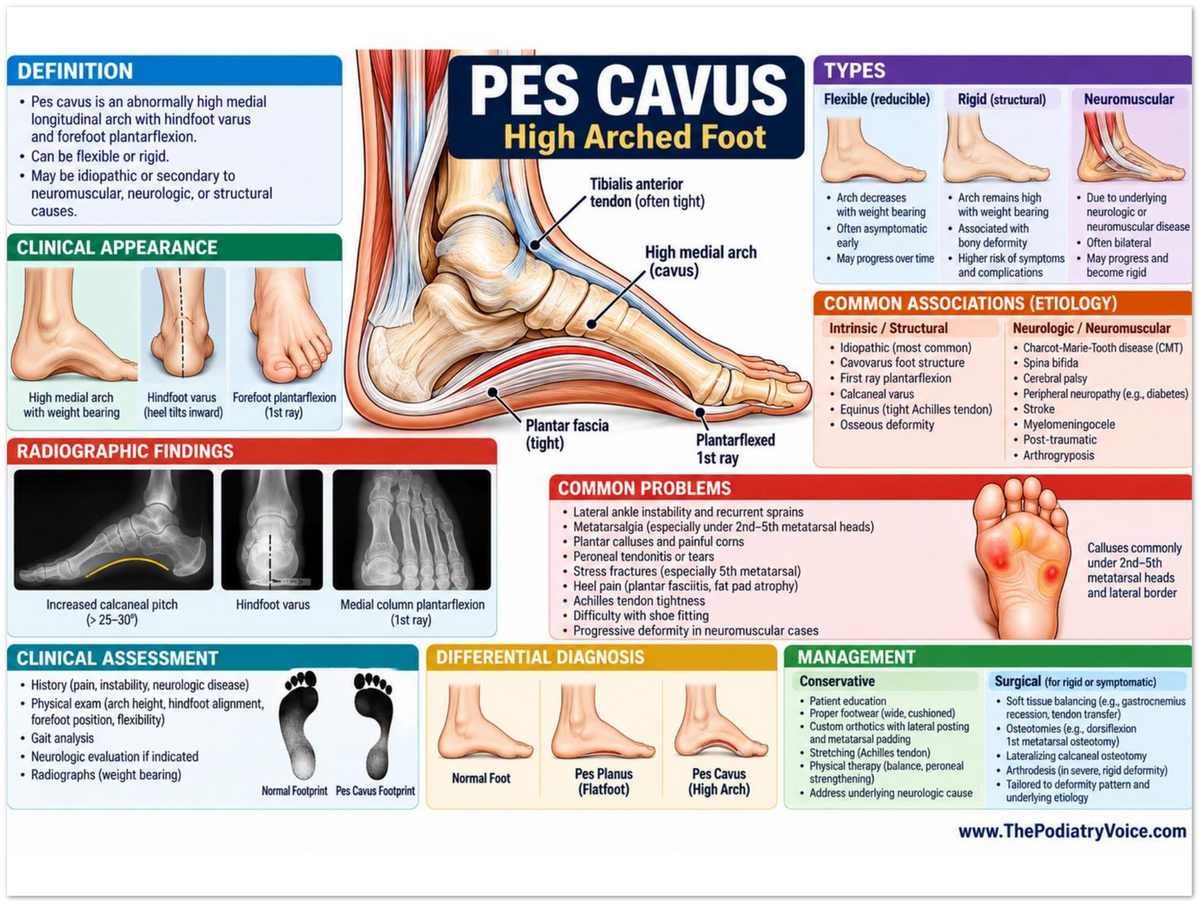 Pes Cavus poster anatomical illustration detail for podiatry clinics