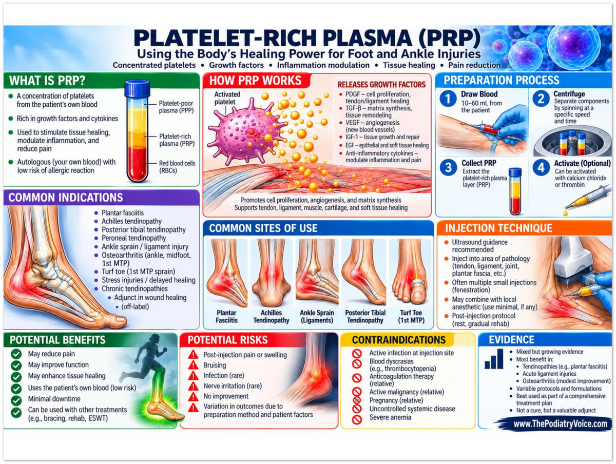 Platelet-Rich Plasma educational poster covering symptoms, treatment, and prevention