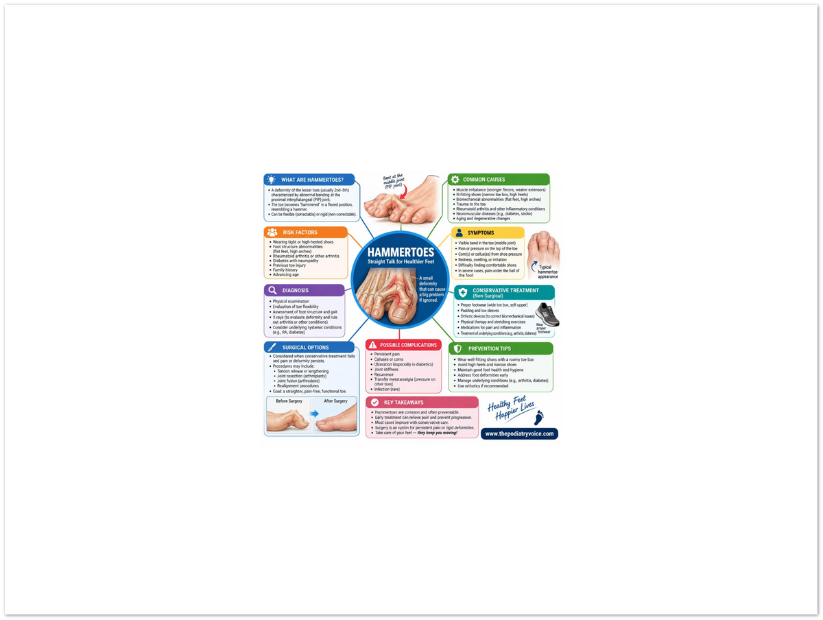 Hammertoes educational poster covering symptoms, treatment, and prevention