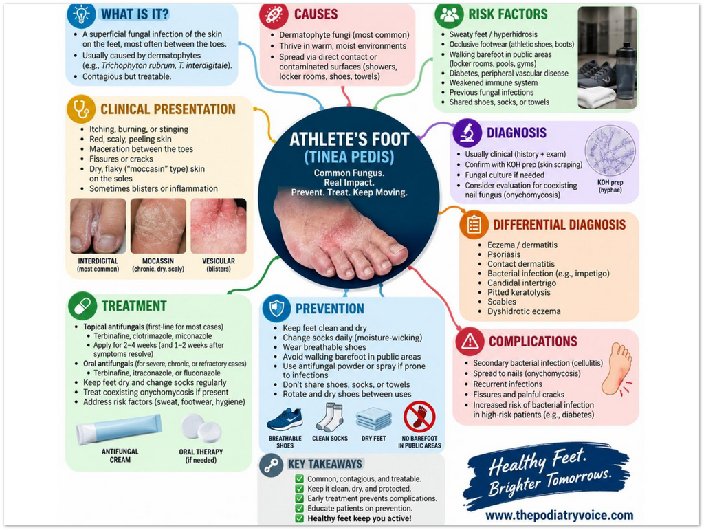 Athlete's Foot educational poster covering symptoms, treatment, and prevention