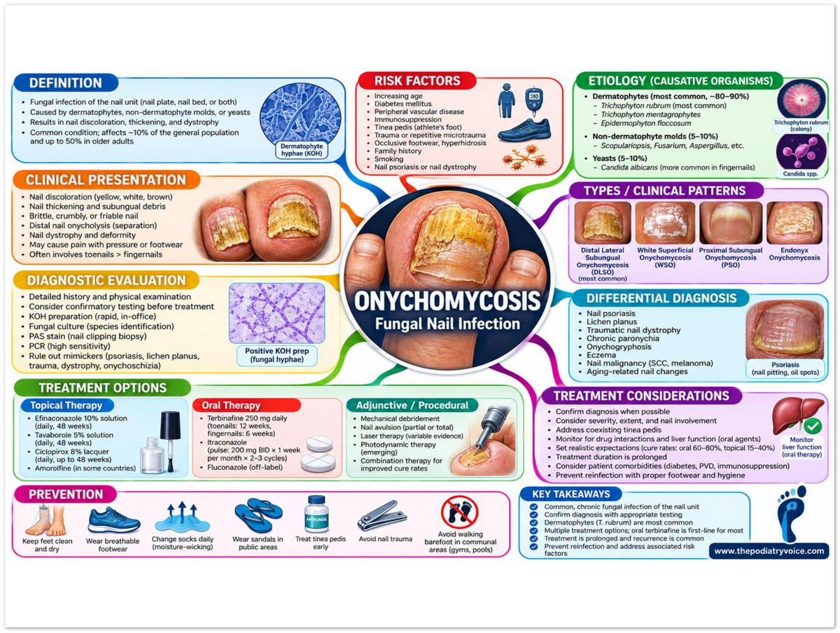 Onychomycosis educational poster covering symptoms, treatment, and prevention