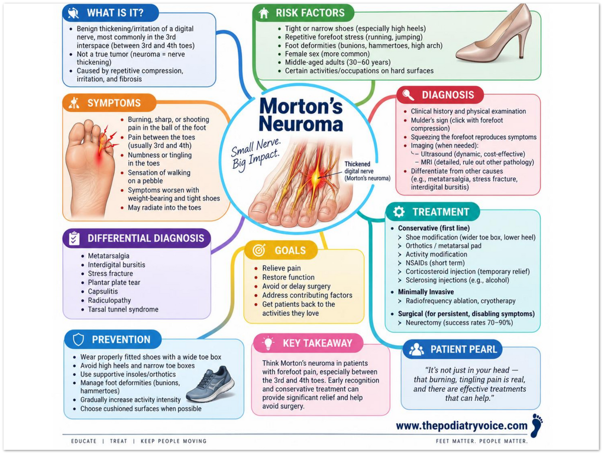 Morton's Neuroma educational poster covering symptoms, treatment, and prevention