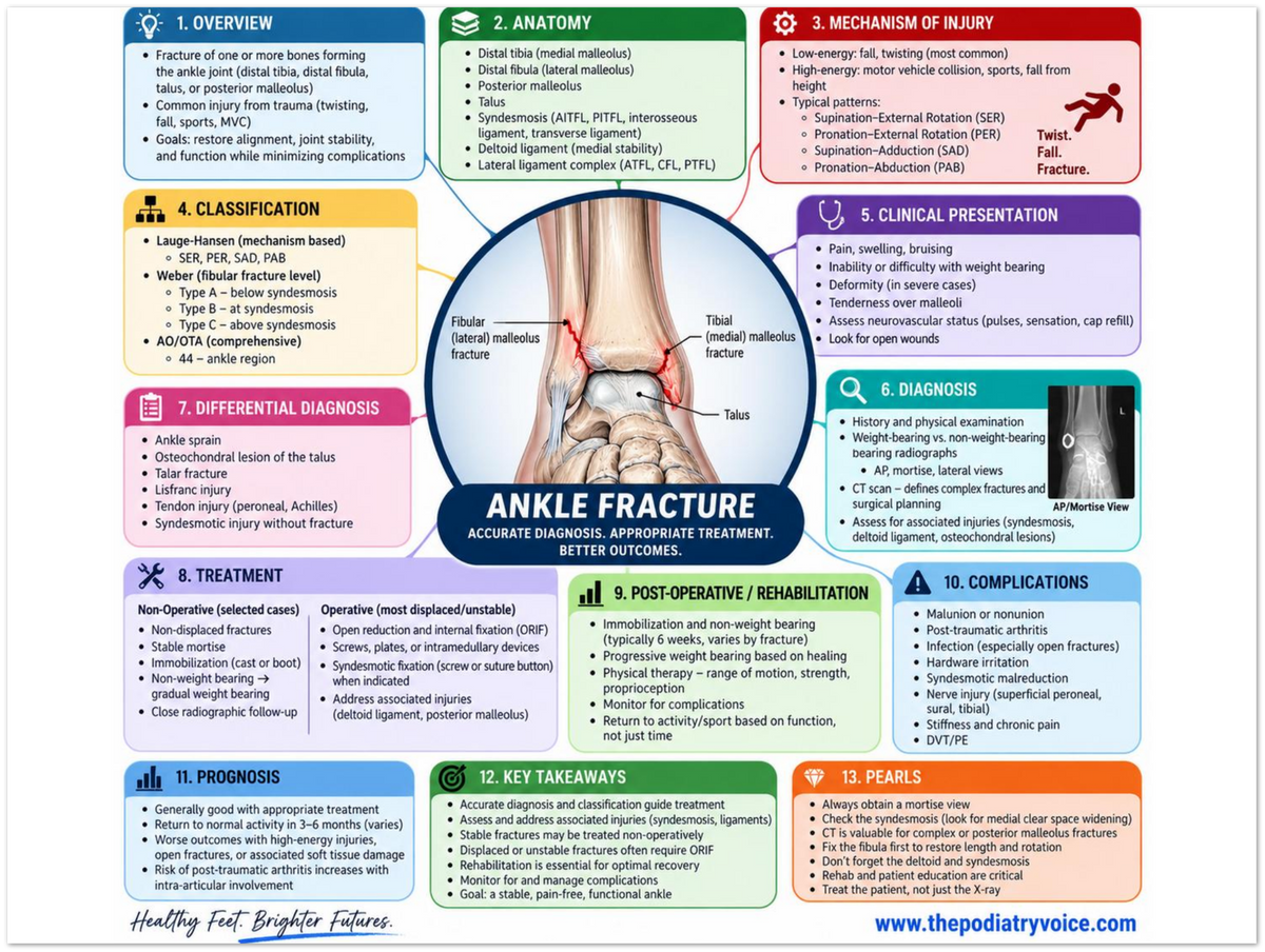 Ankle Fracture educational poster covering symptoms, treatment, and prevention