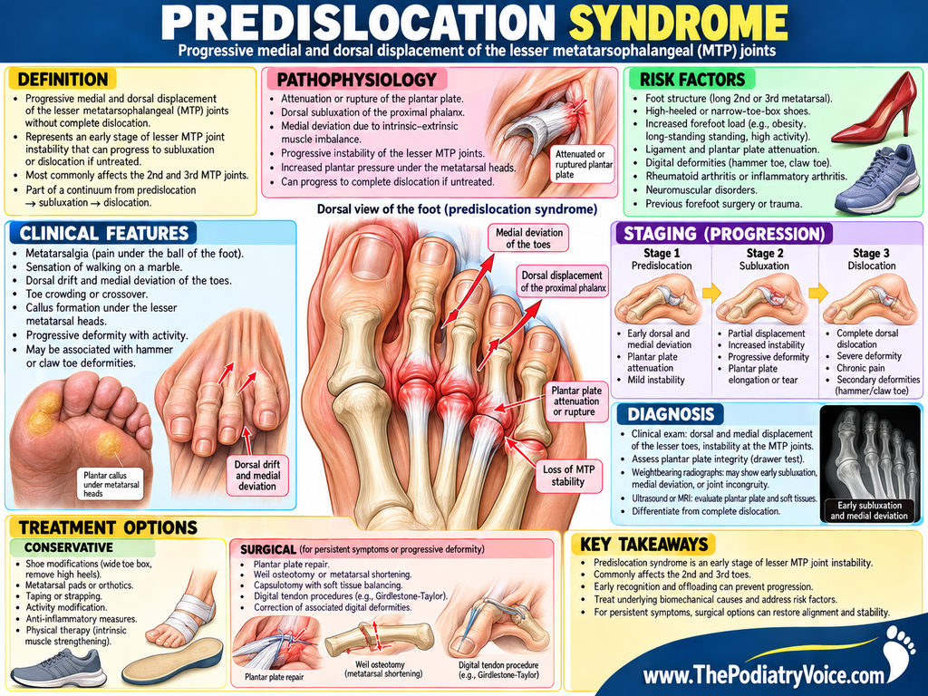 Predislocation Syndrome Clinical Reference poster displayed in a podiatry exam room