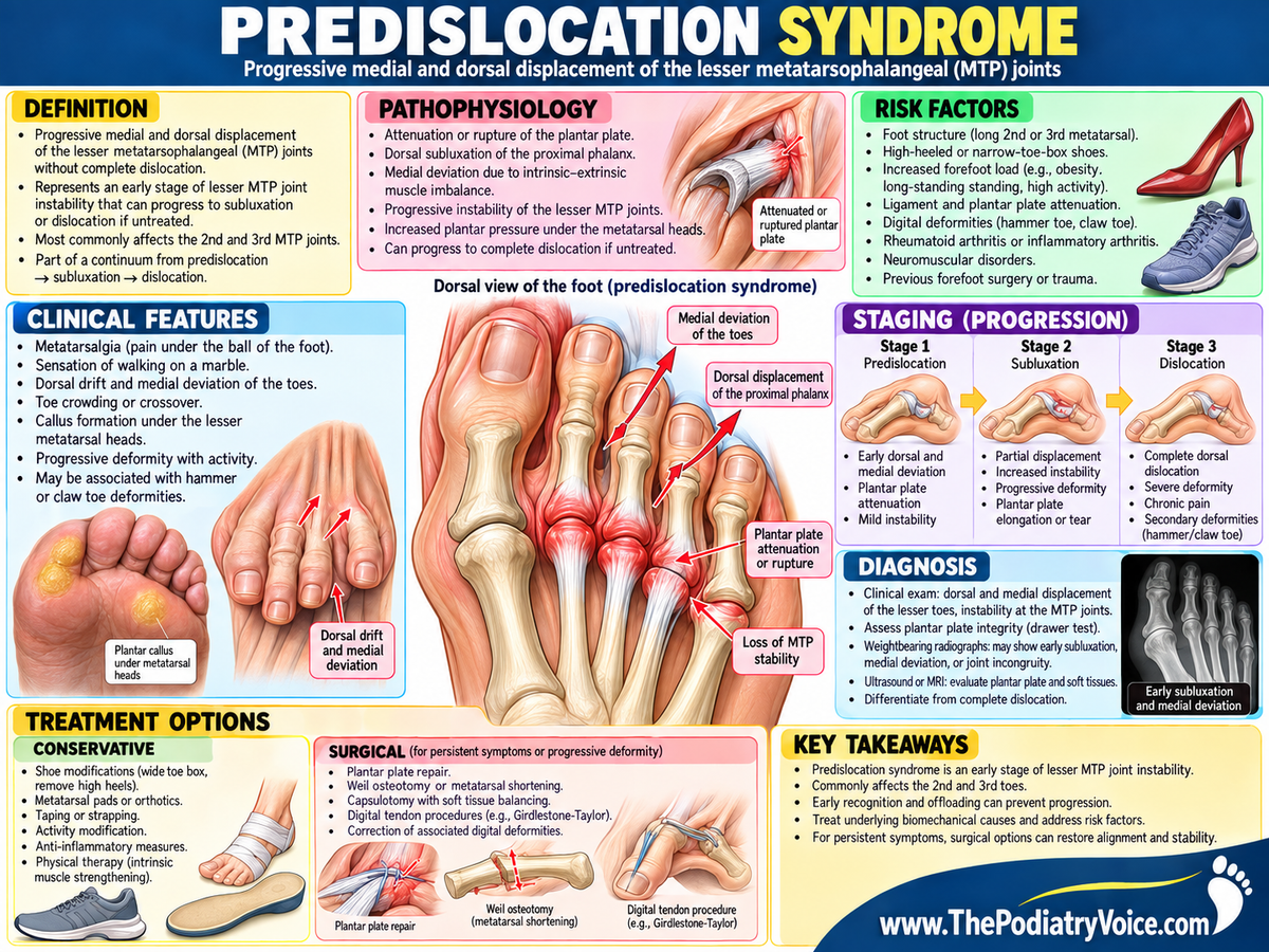 Predislocation Syndrome Clinical Reference poster displayed in a podiatry exam room