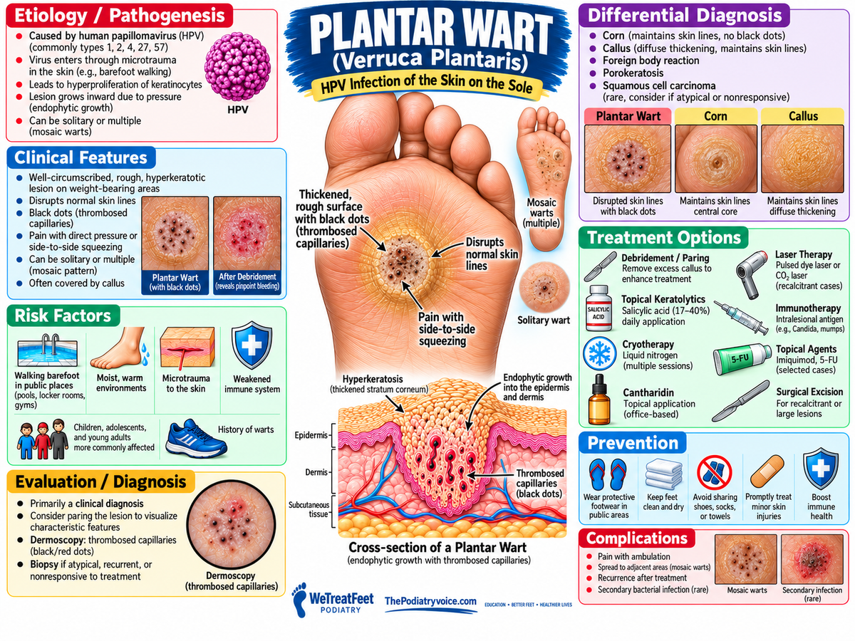 Plantar Wart Clinical Reference poster displayed in a podiatry exam room