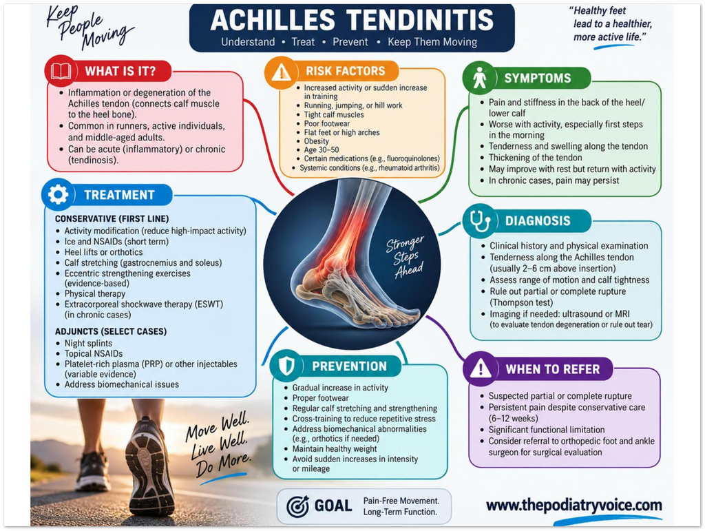 Achilles Tendinitis educational poster covering symptoms, treatment, and prevention