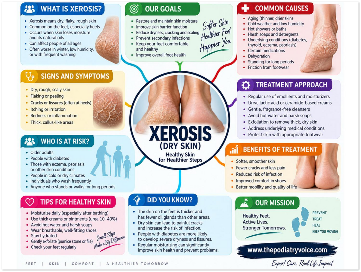 Xerosis educational poster covering symptoms, treatment, and prevention