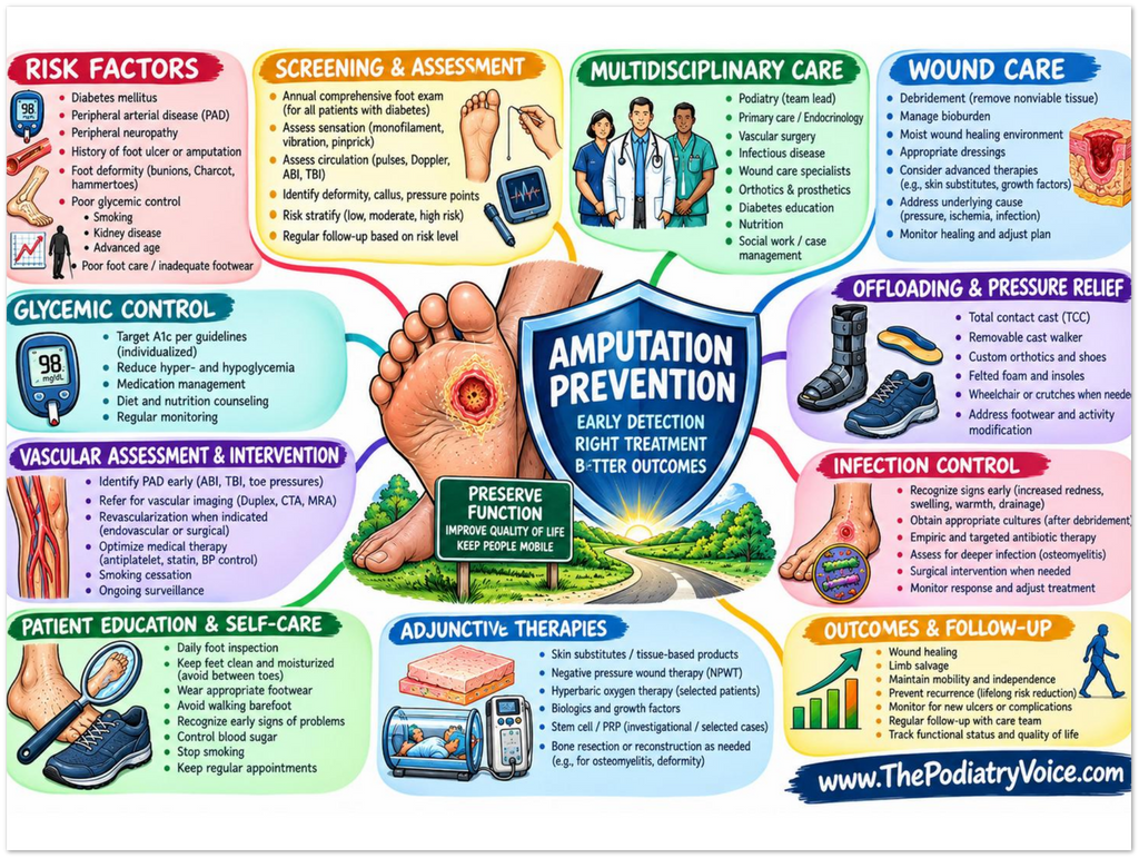 Amputation Prevention educational poster covering symptoms, treatment, and prevention