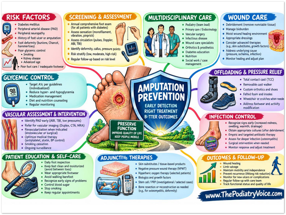 Amputation Prevention educational poster covering symptoms, treatment, and prevention