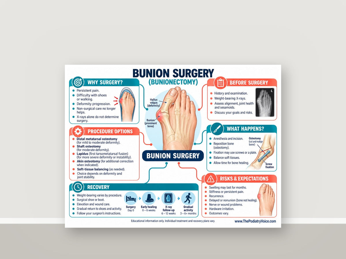 Bunion surgery patient education poster displayed on a podiatry exam room wall