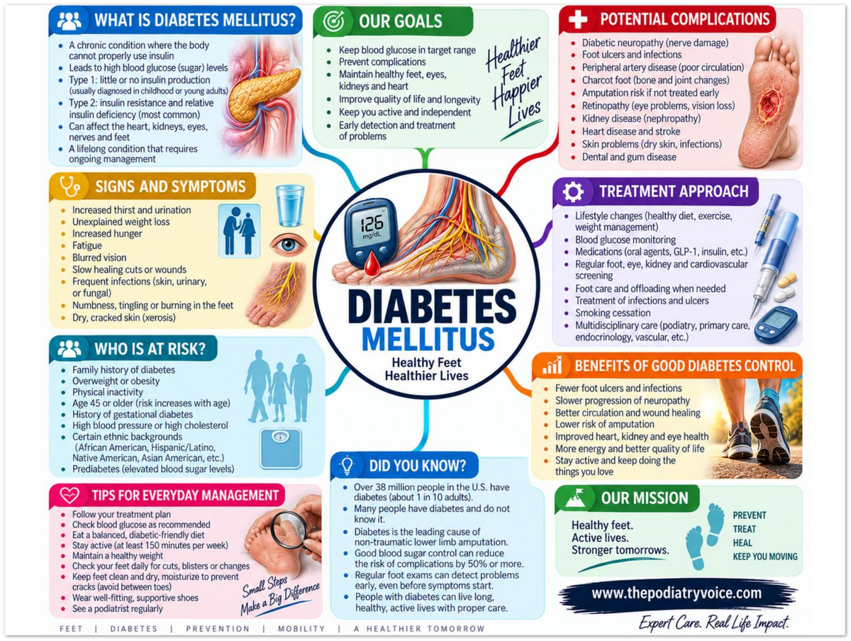 Diabetes & Foot Health poster anatomical illustration detail for podiatry clinics