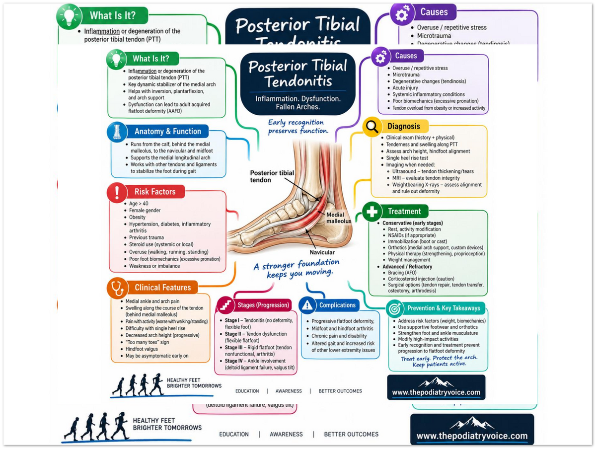 Posterior Tibial Tendonitis educational poster covering symptoms, treatment, and prevention