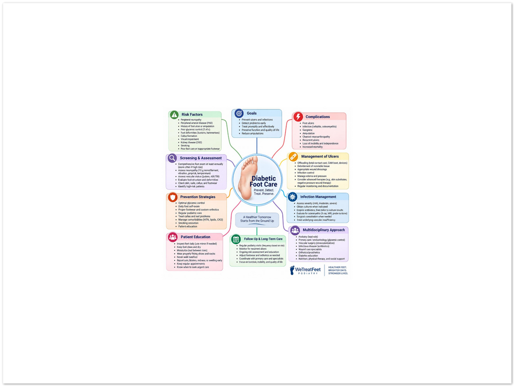 Diabetic Foot Care educational poster covering symptoms, treatment, and prevention