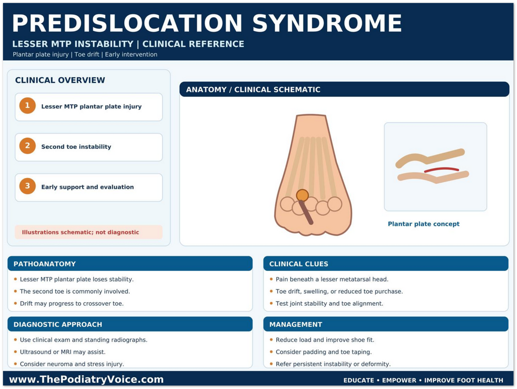 Predislocation Syndrome Clinical Reference educational poster covering symptoms, treatment, and prevention
