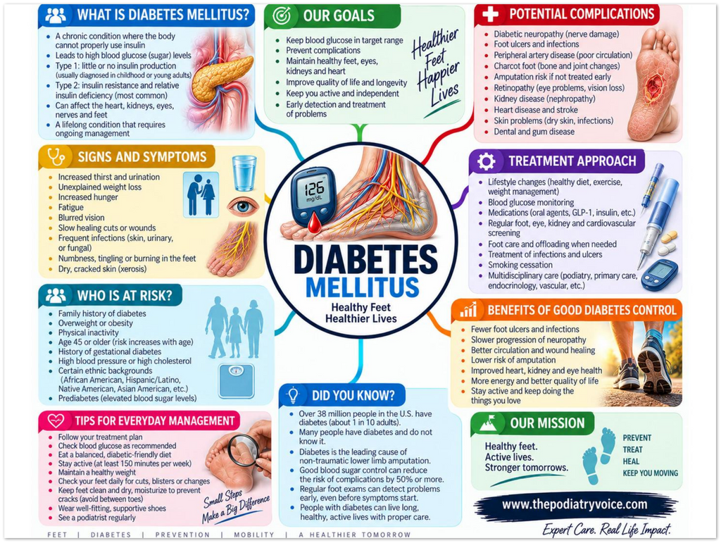 Diabetes & Foot Health educational poster covering symptoms, treatment, and prevention