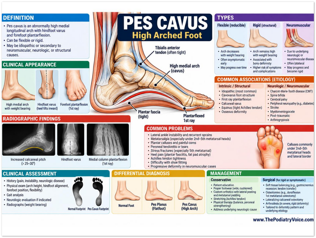 Pes Cavus educational poster covering symptoms, treatment, and prevention