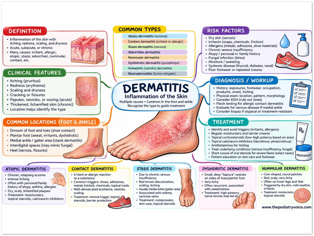 Foot & Ankle Dermatitis educational poster covering symptoms, treatment, and prevention