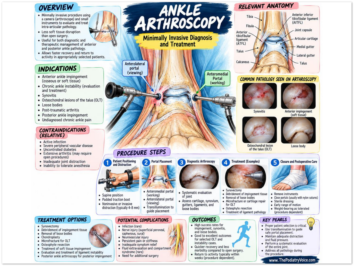 Ankle Arthroscopy educational poster covering symptoms, treatment, and prevention