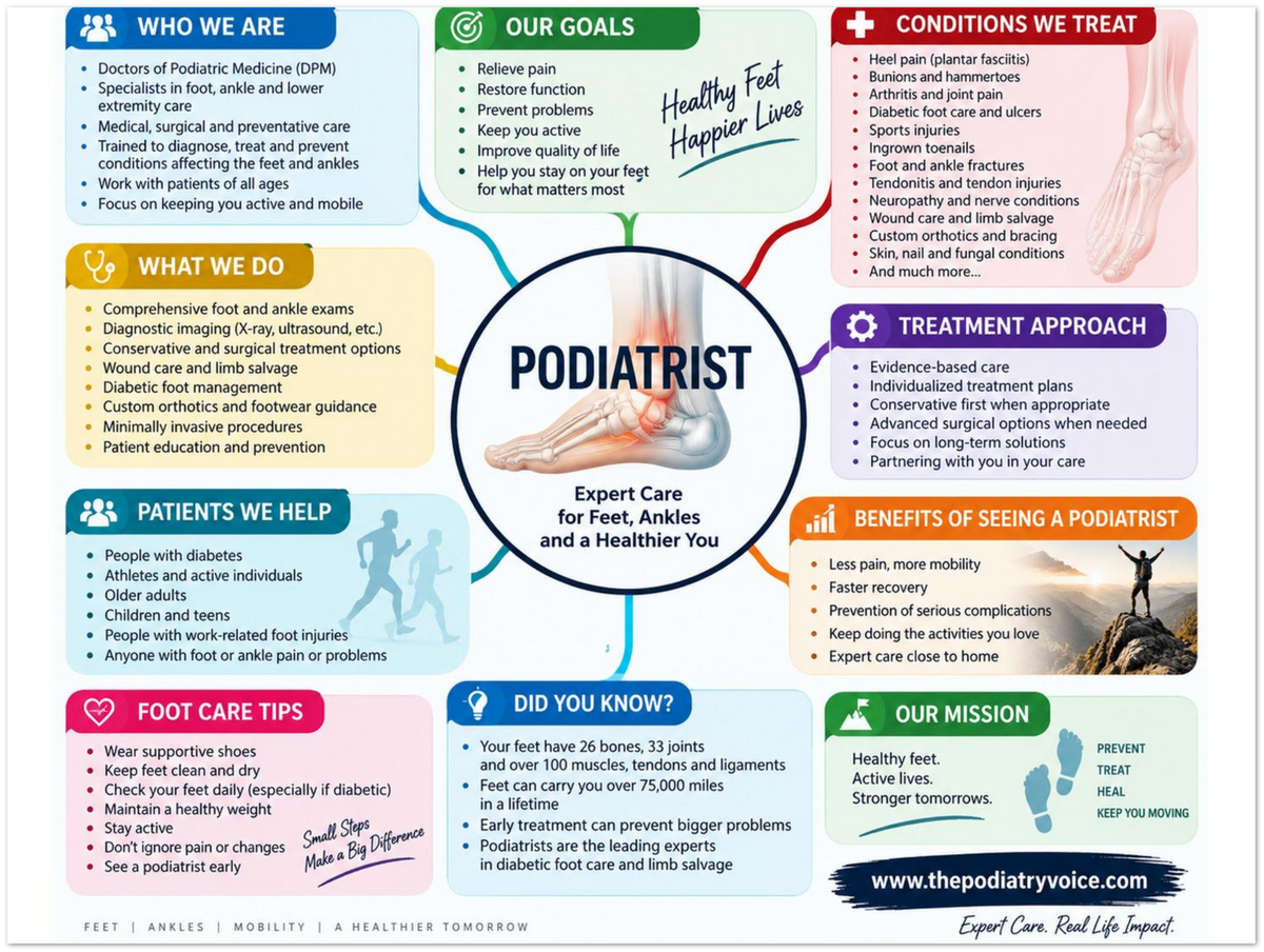 Podiatrist educational poster covering symptoms, treatment, and prevention