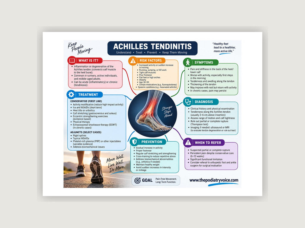 Achilles tendinitis patient education poster displayed on a podiatry exam room wall