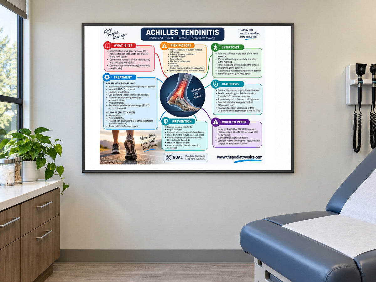 Achilles Tendinitis poster displayed in a podiatry exam room