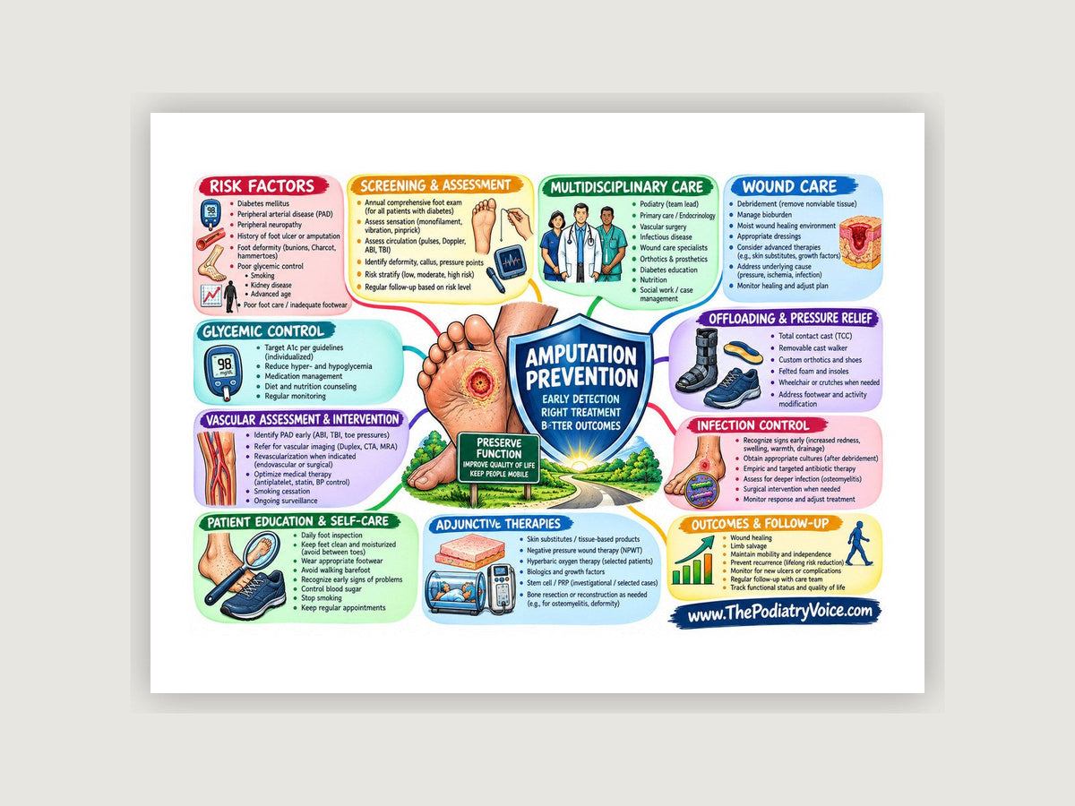 Amputation Prevention patient education poster displayed on a podiatry exam room wall