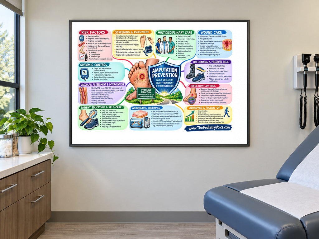 Amputation Prevention poster displayed in a podiatry exam room