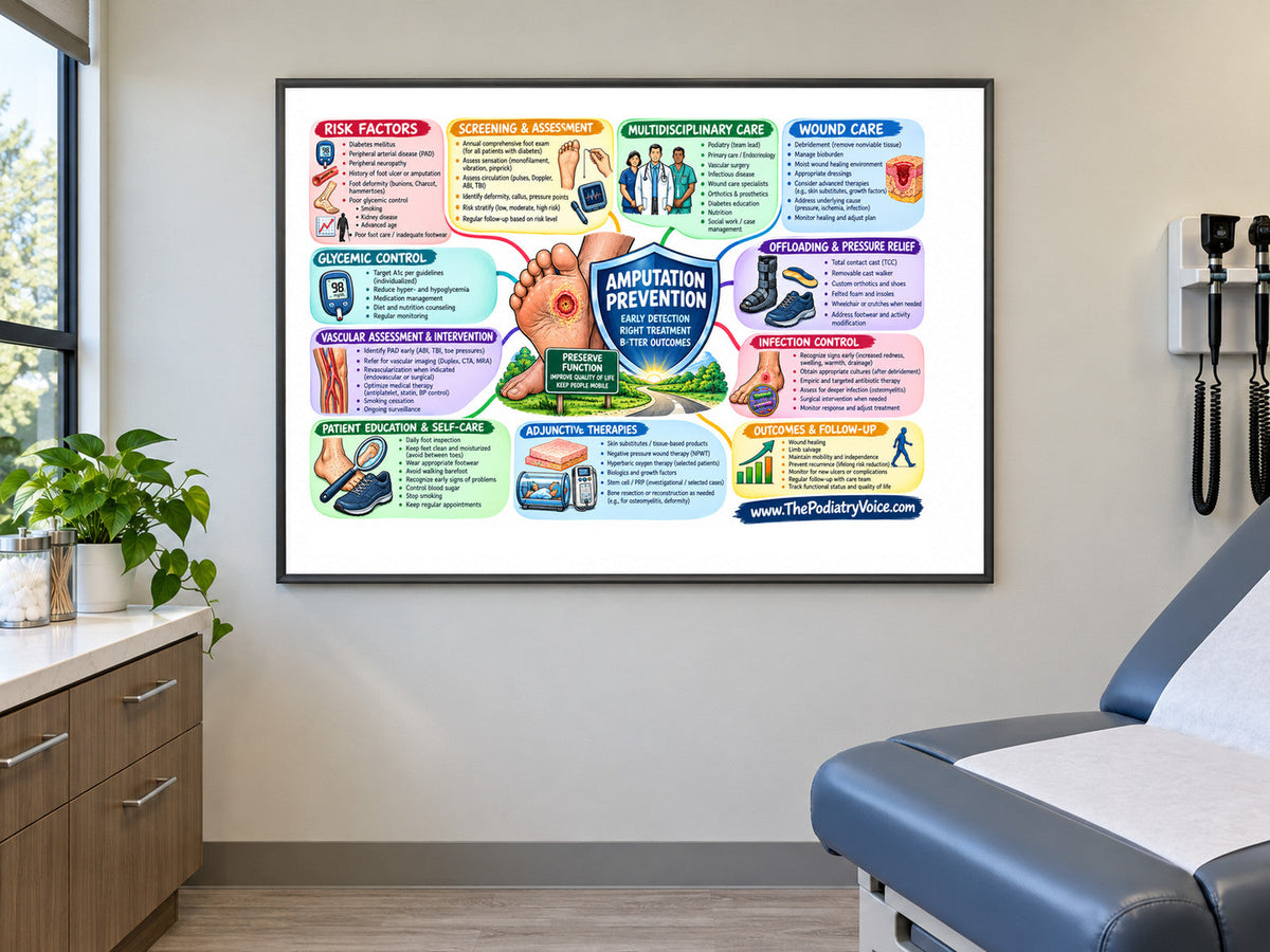 Amputation Prevention poster displayed in a podiatry exam room