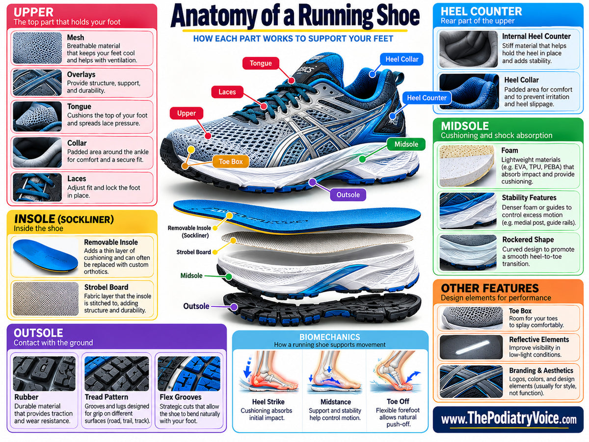 Anatomy of a running shoe medical education poster showing shoe upper heel counter midsole insole outsole and biomechanics