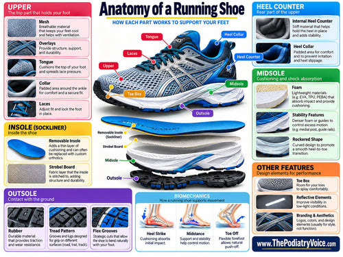 Anatomy of a running shoe medical education poster showing shoe upper heel counter midsole insole outsole and biomechanics