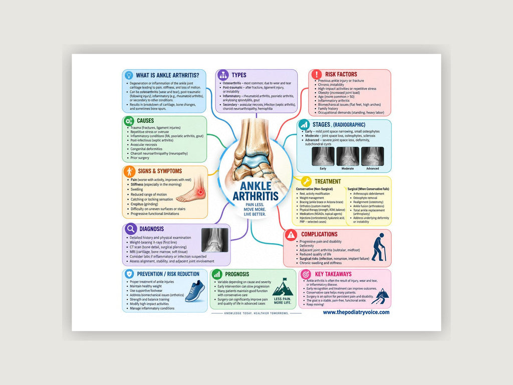 Ankle Arthritis patient education poster displayed on a podiatry exam room wall