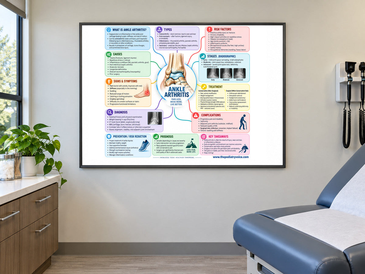 Ankle Arthritis poster displayed in a podiatry exam room