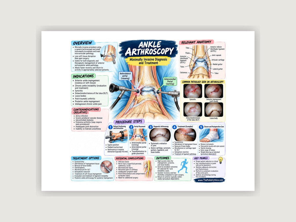 Ankle Arthroscopy patient education poster displayed on a podiatry exam room wall