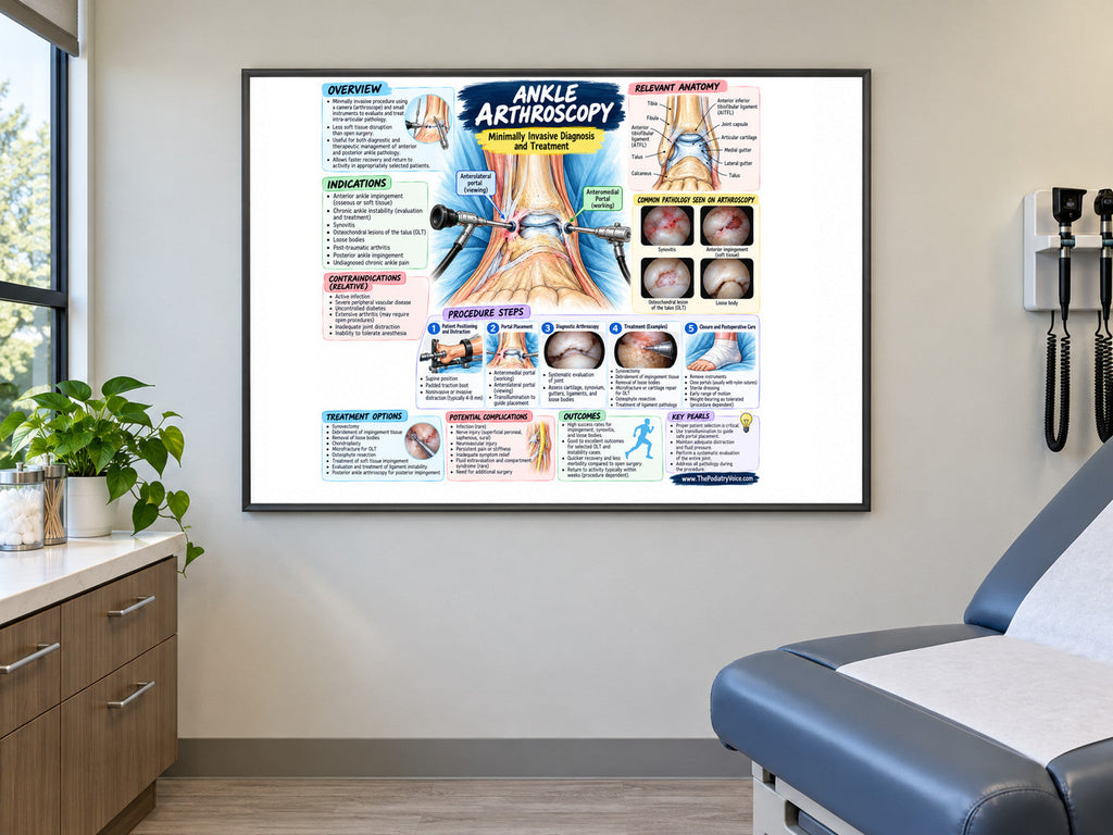 Ankle Arthroscopy poster displayed in a podiatry exam room