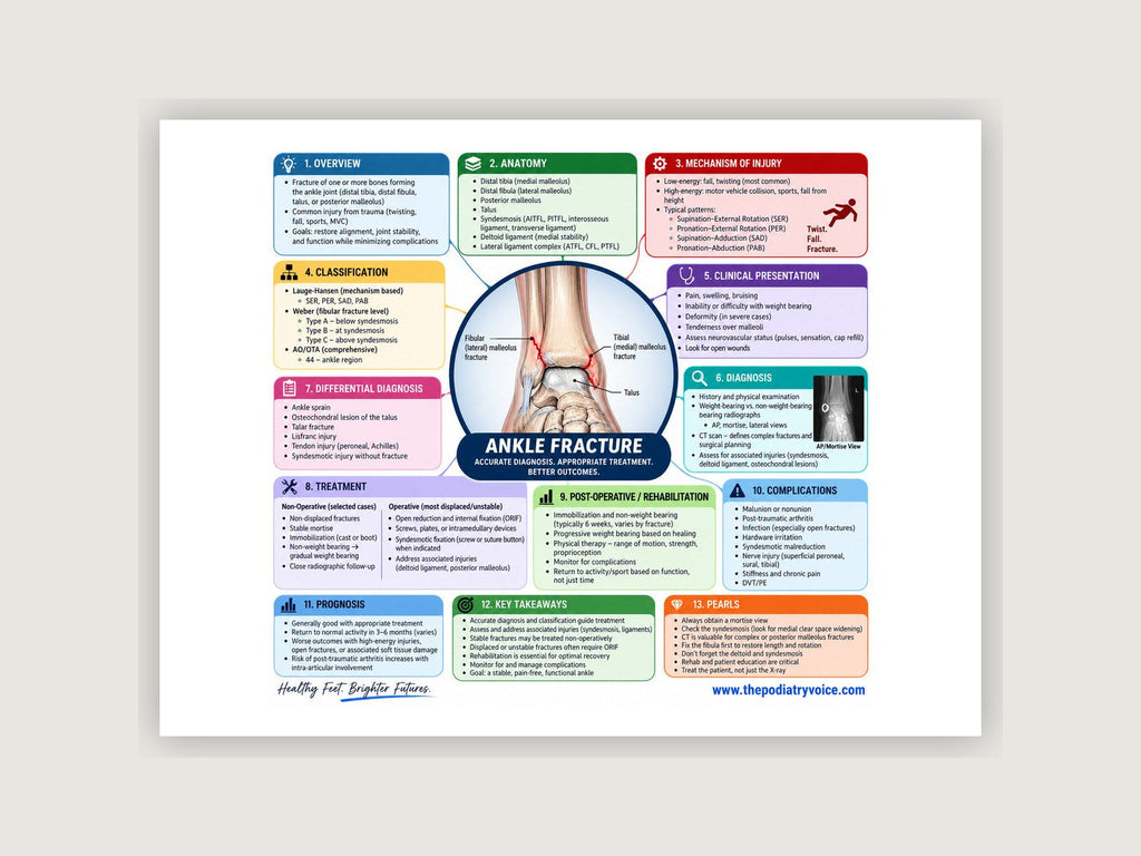 Ankle Fracture patient education poster displayed on a podiatry exam room wall