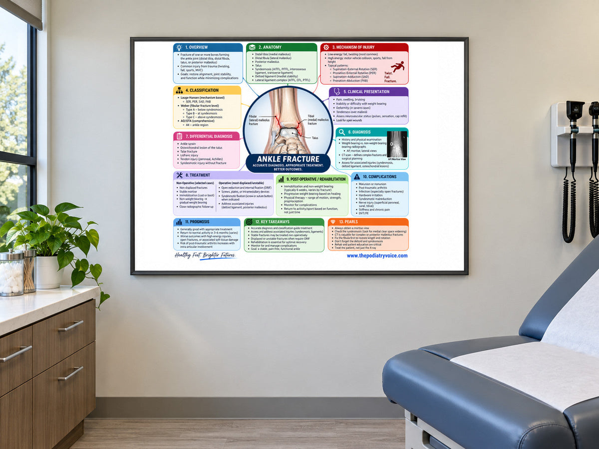 Ankle Fracture poster displayed in a podiatry exam room
