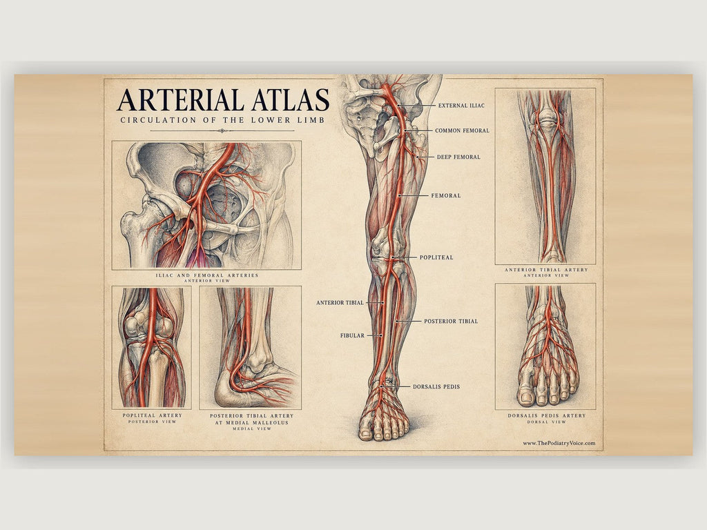 Arterial Atlas of the Lower Limb patient education poster displayed on a podiatry exam room wall