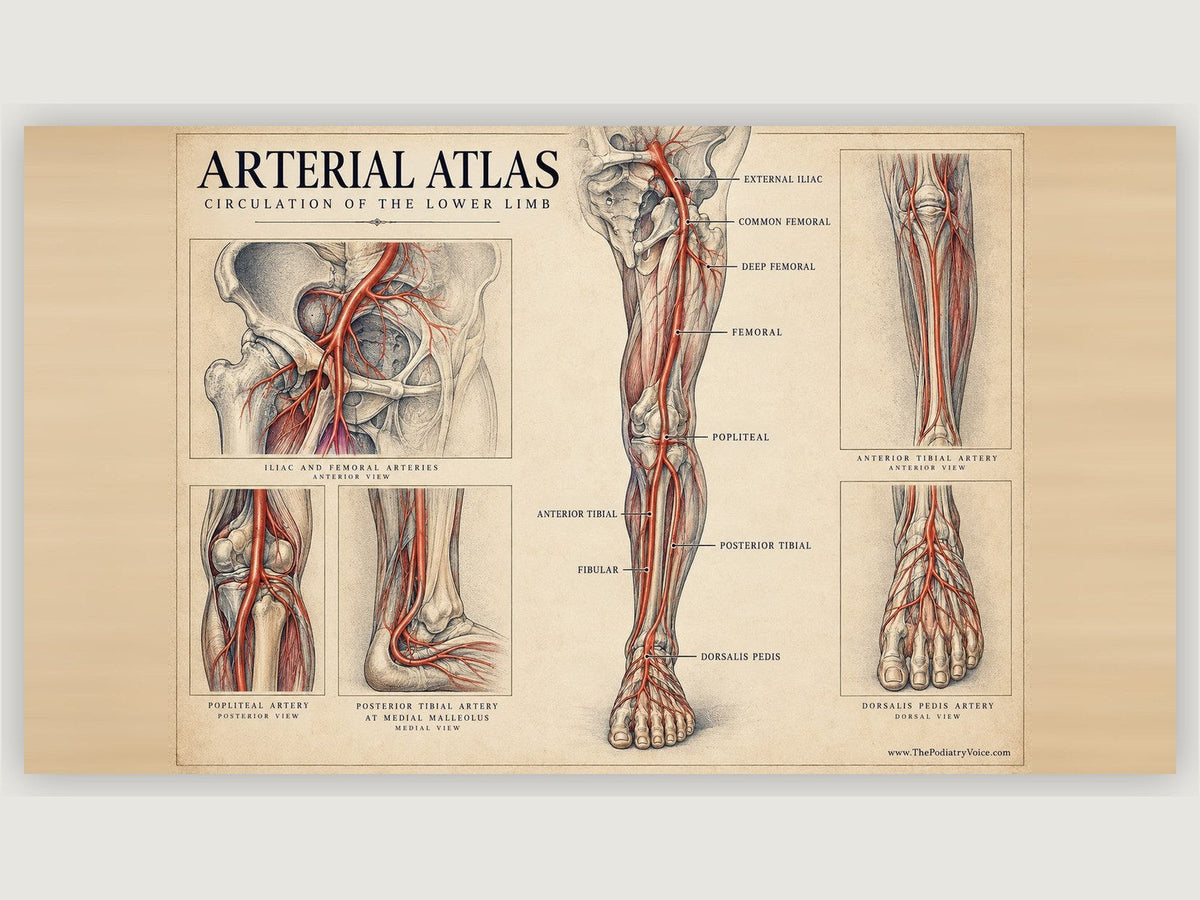 Arterial Atlas of the Lower Limb patient education poster displayed on a podiatry exam room wall